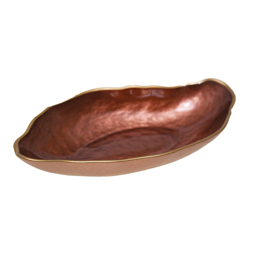 Brown oval serving dish featuring refined decorative gold rim